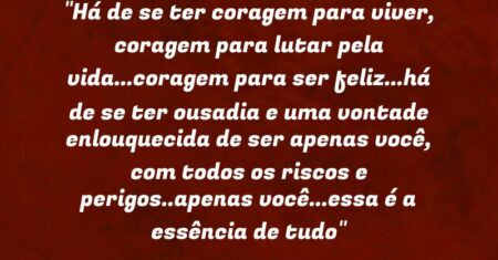 “Há de se ter coragem para viver, coragem para lutar pela vida…coragem para ser feliz…há de se ter ousadia e uma vontade enlouquecida de ser apenas você, com todos os riscos e perigos..apenas você…essa é a essência de tudo”