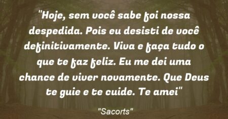 “Hoje, sem você sabe foi nossa despedida. Pois eu desisti de você definitivamente. Viva e faça tudo o que te faz feliz. Eu me dei uma chance de viver novamente. Que Deus te guie e te cuide. Te amei”