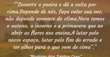 “”Levanta a poeira e dá a volta por cima.Depende de nós, faça valer sua voz, não depende somente do clima.Hora temos o outono, o inverno e a primavera que ao abrir as flores nos ensina.A lutar pelo nosso espaço, lutar pelo fim do errado e ter olhos para o que vem de cima”.”