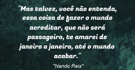 “Mas talvez, você não entenda, essa coisa de fazer o mundo acreditar, que não será passageiro, te amarei de janeiro a janeiro, até o mundo acabar.”