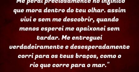 “Me perdi preciosamente no infinito que mora dentro do teu olhar. assim vivi e sem me descobrir, quando menos esperei me apaixonei sem tardar. Me entreguei verdadeiramente e desesperadamente corri para os teus braços, como o rio que corre para o mar.”