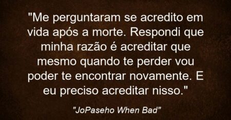 “Me perguntaram se acredito em vida após a morte. Respondi que minha razão é acreditar que mesmo quando te perder vou poder te encontrar novamente. E eu preciso acreditar nisso.”