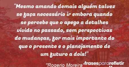 “Mesmo amando demais alguém talvez se faça necessário ir embora quando se percebe que o apego a detalhes vivido no passado, sem perspectivas de mudanças, for mais importante do que o presente e o planejamento de um futuro a dois!”