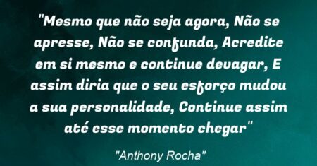 “Mesmo que não seja agora, Não se apresse, Não se confunda, Acredite em si mesmo e continue devagar, E assim diria que o seu esforço mudou a sua personalidade, Continue assim até esse momento chegar”
