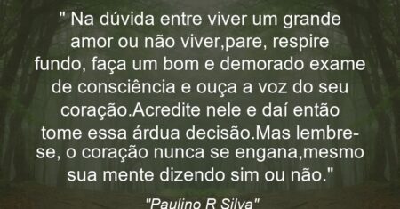 ““ Na dúvida entre viver um grande amor ou não viver,pare, respire fundo, faça um bom e demorado exame de consciência e ouça a voz do seu coração.Acredite nele e daí então tome essa árdua decisão.Mas lembre-se, o coração nunca se engana,mesmo sua mente dizendo sim ou não.””