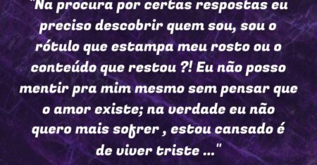 “Na procura por certas respostas eu preciso descobrir quem sou, sou o rótulo que estampa meu rosto ou o conteúdo que restou ?! Eu não posso mentir pra mim mesmo sem pensar que o amor existe; na verdade eu não quero mais sofrer , estou cansado é de viver triste …”