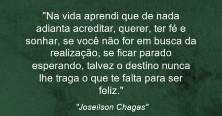 “Na vida aprendi que de nada adianta acreditar, querer, ter fé e sonhar, se você não for em busca da realização, se ficar parado esperando, talvez o destino nunca lhe traga o que te falta para ser feliz.”