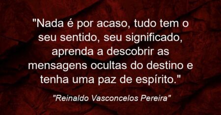 “Nada é por acaso, tudo tem o seu sentido, seu significado, aprenda a descobrir as mensagens ocultas do destino e tenha uma paz de espírito.”