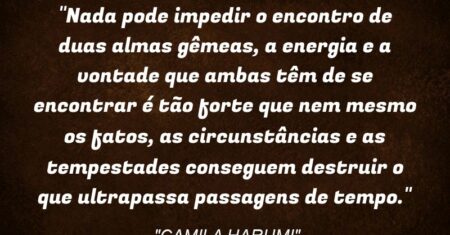 “Nada pode impedir o encontro de duas almas gêmeas, a energia e a vontade que ambas têm de se encontrar é tão forte que nem mesmo os fatos, as circunstâncias e as tempestades conseguem destruir o que ultrapassa passagens de tempo.”
