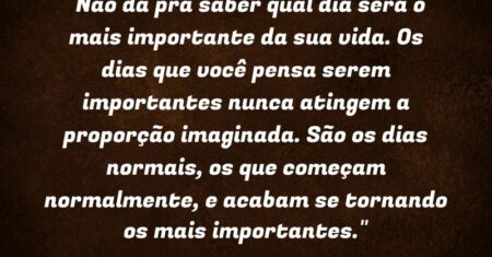 “Não dá pra saber qual dia será o mais importante da sua vida. Os dias que você pensa serem importantes nunca atingem a proporção imaginada. São os dias normais, os que começam normalmente, e acabam se tornando os mais importantes.”