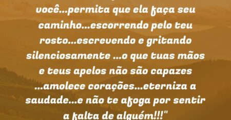 “Não deixe a lágrima dentro de você…permita que ela faça seu caminho…escorrendo pelo teu rosto…escrevendo e gritando silenciosamente …o que tuas mãos e teus apelos não são capazes …amolece corações…eterniza a saudade…e não te afoga por sentir a falta de alguém!!!”