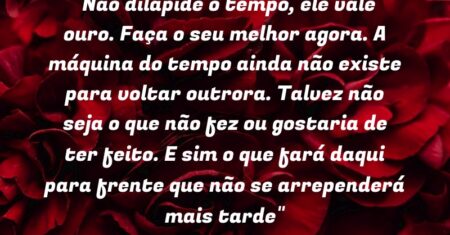 “Não dilapide o tempo, ele vale ouro. Faça o seu melhor agora. A máquina do tempo ainda não existe para voltar outrora. Talvez não seja o que não fez ou gostaria de ter feito. E sim o que fará daqui para frente que não se arrependerá mais tarde”
