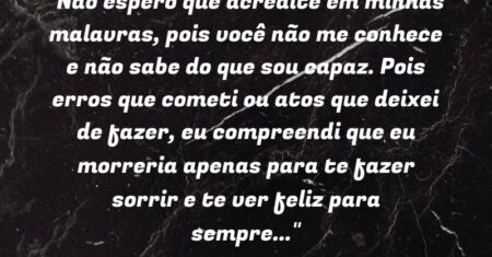 “Não espero que acredite em minhas malavras, pois você não me conhece e não sabe do que sou capaz. Pois erros que cometi ou atos que deixei de fazer, eu compreendi que eu morreria apenas para te fazer sorrir e te ver feliz para sempre…”