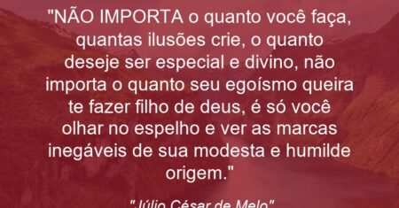 “NÃO IMPORTA o quanto você faça, quantas ilusões crie, o quanto deseje ser especial e divino, não importa o quanto seu egoísmo queira te fazer filho de deus, é só você olhar no espelho e ver as marcas inegáveis de sua modesta e humilde origem.”