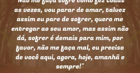 “Não me faça sofre como fez todas as vezes, vou parar de amar, talvez assim eu pare de sofrer, quero me entregar ao seu amor, mas assim não dá, sofrer é demais para mim, por favor, não me faça mal, eu preciso de você aqui, agora, hoje, amanhã e sempre!”