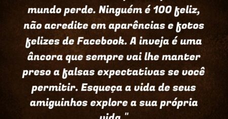 “Não tenha medo de perder pois todo mundo perde. Ninguém é 100% feliz, não acredite em aparências e fotos felizes de Facebook. A inveja é uma âncora que sempre vai lhe manter preso a falsas expectativas se você permitir. Esqueça a vida de seus amiguinhos: explore a sua própria vida.”