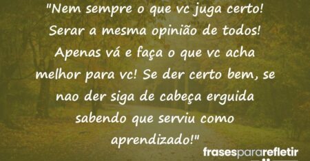 “Nem sempre o que vc juga certo! Serar a mesma opinião de todos! Apenas vá e faça o que vc acha melhor para vc! Se der certo bem, se nao der siga de cabeça erguida sabendo que serviu como aprendizado!”