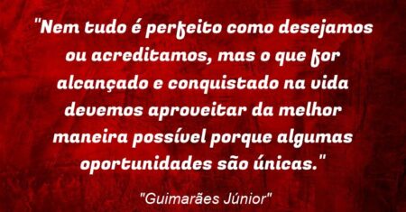 “Nem tudo é perfeito como desejamos ou acreditamos, mas o que for alcançado e conquistado na vida devemos aproveitar da melhor maneira possível porque algumas oportunidades são únicas.”