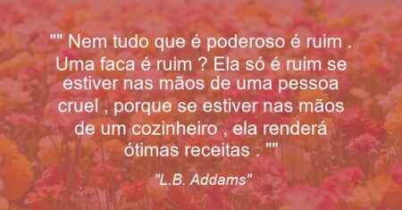 ” Nem tudo que é poderoso é ruim . Uma faca é ruim ? Ela só é ruim se estiver nas mãos de uma pessoa cruel , porque se estiver nas mãos de um cozinheiro , ela renderá ótimas receitas . “