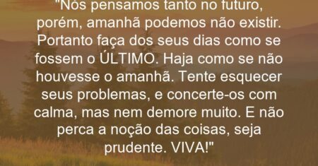“Nós pensamos tanto no futuro, porém, amanhã podemos não existir. Portanto faça dos seus dias como se fossem o ÚLTIMO. Haja como se não houvesse o amanhã. Tente esquecer seus problemas, e concerte-os com calma, mas nem demore muito. E não perca a noção das coisas, seja prudente. VIVA!”