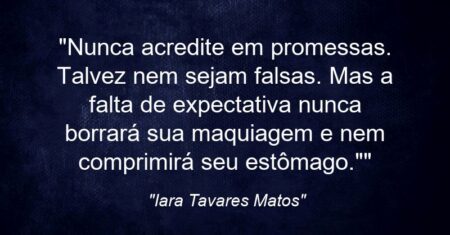 “Nunca acredite em promessas. Talvez nem sejam falsas. Mas a falta de expectativa nunca borrará sua maquiagem e nem comprimirá seu estômago.””
