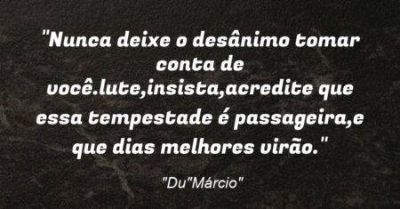 “Nunca deixe o desânimo tomar conta de você.lute,insista,acredite que essa tempestade é passageira,e que dias melhores virão.”
