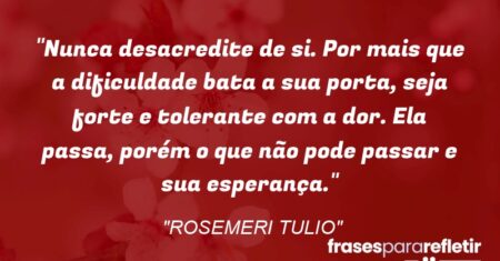 “Nunca desacredite de si. Por mais que a dificuldade bata a sua porta, seja forte e tolerante com a dor. Ela passa, porém o que não pode passar e sua esperança.”
