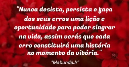 “Nunca desista, persista e faça dos seus erros uma lição e oportunidade para poder singrar na vida, assim verás que cada erro constituirá uma história no momento da vitória.”