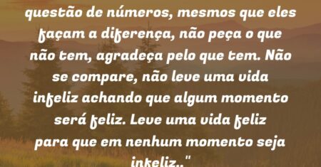 “Nunca quantifique nada, nunca faça questão de números, mesmos que eles façam a diferença, não peça o que não tem, agradeça pelo que tem. Não se compare, não leve uma vida infeliz achando que algum momento será feliz. Leve uma vida feliz para que em nenhum momento seja infeliz..”