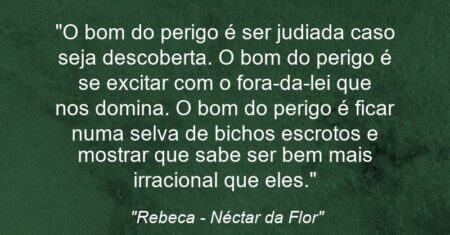 “O bom do perigo é ser judiada caso seja descoberta. O bom do perigo é se excitar com o fora-da-lei que nos domina. O bom do perigo é ficar numa selva de bichos escrotos e mostrar que sabe ser bem mais irracional que eles.”