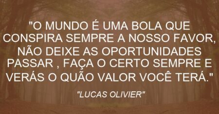 “O MUNDO É UMA BOLA QUE CONSPIRA SEMPRE A NOSSO FAVOR, NÃO DEIXE AS OPORTUNIDADES PASSAR , FAÇA O CERTO SEMPRE E VERÁS O QUÃO VALOR VOCÊ TERÁ.”