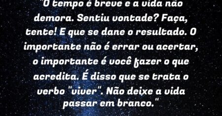 “O tempo é breve e a vida não demora. Sentiu vontade? Faça, tente! E que se dane o resultado. O importante não é errar ou acertar, o importante é você fazer o que acredita. É disso que se trata o verbo “viver”. Não deixe a vida passar em branco.”