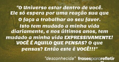 “O Universo estar dentro de você. Ele só espera por uma reação sua que O faça a trabalhar ao seu favor. Isto tem mudado a minha vida diariamente, e nos últimos anos, tem mudado a minha vida EXPRESSIVAMENTE! VOCÊ É AQUILO QUE PENSAS? O que pensas? Então este é VOCÊ!!!”