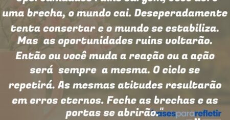 “Oportunidades ruins surgem, você abre uma brecha, o mundo cai. Deseperadamente tenta consertar e o mundo se estabiliza. Mas as oportunidades ruins voltarão. Então ou você muda a reação ou a ação será sempre a mesma. O ciclo se repetirá. As mesmas atitudes resultarão em erros eternos. Feche as brechas e as portas se abrirão.”