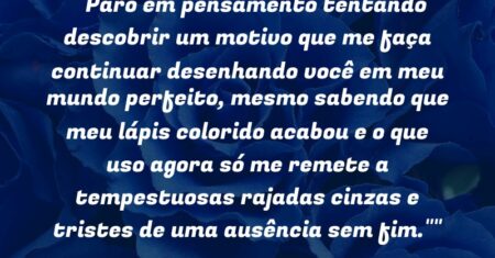 “Paro em pensamento tentando descobrir um motivo que me faça continuar desenhando você em meu mundo perfeito, mesmo sabendo que meu lápis colorido acabou e o que uso agora só me remete a tempestuosas rajadas cinzas e tristes de uma ausência sem fim.”