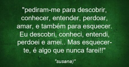 “pediram-me para descobrir, conhecer, entender, perdoar, amar, e também para esquecer. Eu descobri, conheci, entendi, perdoei e amei.. Mas esquecer-te, é algo que nunca farei!!”