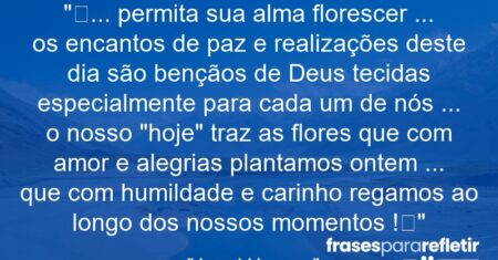 “❝… permita sua alma florescer … os encantos de paz e realizações deste dia são bençãos de Deus tecidas especialmente para cada um de nós … o nosso “hoje” traz as flores que com amor e alegrias plantamos ontem … que com humildade e carinho regamos ao longo dos nossos momentos !❞”