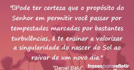 “Pode ter certeza que o propósito do Senhor em permitir você passar por tempestades marcadas por bastantes turbulências, é te ensinar a valorizar a singularidade do nascer do Sol ao raivar de um novo dia.”