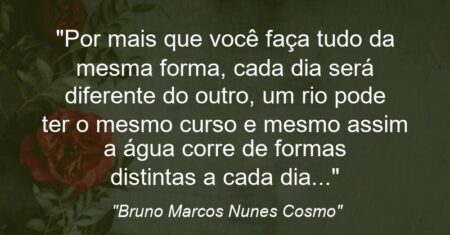 “Por mais que você faça tudo da mesma forma, cada dia será diferente do outro, um rio pode ter o mesmo curso e mesmo assim a água corre de formas distintas a cada dia…”