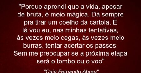 “Porque aprendi, que a vida, apesar de bruta, é meio mágica. Dá sempre pra tirar um coelho da cartola.”