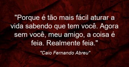 “Porque é tão mais fácil aturar a vida sabendo que tem você. Agora sem você, meu amigo, a coisa é feia. Realmente feia.”