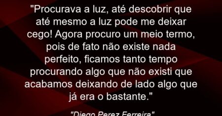 “Procurava a luz, até descobrir que até mesmo a luz pode me deixar cego! Agora procuro um meio termo, pois de fato não existe nada perfeito, ficamos tanto tempo procurando algo que não existi que acabamos deixando de lado algo que já era o bastante.”