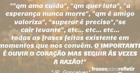 “”qm ama cuida”, “qm quer luta”, “a esperança nunca morre”, “qm é amigo valoriza”, “superar é preciso”,”se cair levante”, etc… etc… etc… todas as frases feitas existente em momentos que nos convém. O IMPORTANTE É OUVIR O CORAÇÃO MAS SEGUIR ÁS VEZES A RAZÃO!”