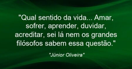 “Qual sentido da vida… Amar, sofrer, aprender, duvidar, acreditar, sei lá nem os grandes filósofos sabem essa questão.”