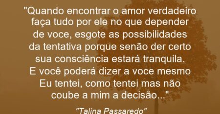 “Quando encontrar o amor verdadeiro faça tudo por ele no que depender de voce, esgote as possibilidades da tentativa porque senão der certo sua consciência estará tranquila. E você poderá dizer a voce mesmo : Eu tentei, como tentei mas não coube a mim a decisão…”