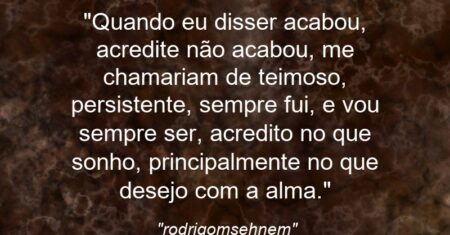 “Quando eu disser acabou, acredite não acabou, me chamariam de teimoso, persistente, sempre fui, e vou sempre ser, acredito no que sonho, principalmente no que desejo com a alma.”