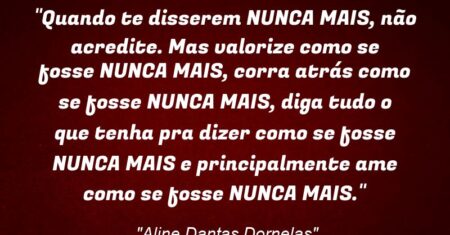 “Quando te disserem NUNCA MAIS, não acredite. Mas valorize como se fosse NUNCA MAIS, corra atrás como se fosse NUNCA MAIS, diga tudo o que tenha pra dizer como se fosse NUNCA MAIS e principalmente ame como se fosse NUNCA MAIS.”