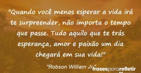 “Quando você menos esperar a vida irá te surpreender, não importa o tempo que passe. Tudo aquilo que te trás esperança, amor e paixão um dia chegará em sua vida!”