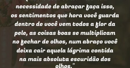 “Quando você sentir mesmo a necessidade de abraçar faça isso, os sentimentos que hora você guarda dentro de você vem todos a flor da pele, as coisas boas se multiplicam no fechar de olhos, num abraço você deixa cair aquela lágrima contida na mais absoluta escuridão dos olhos.”