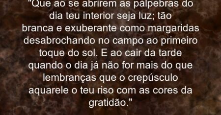 “Que ao se abrirem as pálpebras do dia teu interior seja luz; tão branca e exuberante como margaridas desabrochando no campo ao primeiro toque do sol. E ao cair da tarde quando o dia já não for mais do que lembranças que o crepúsculo aquarele o teu riso com as cores da gratidão.”